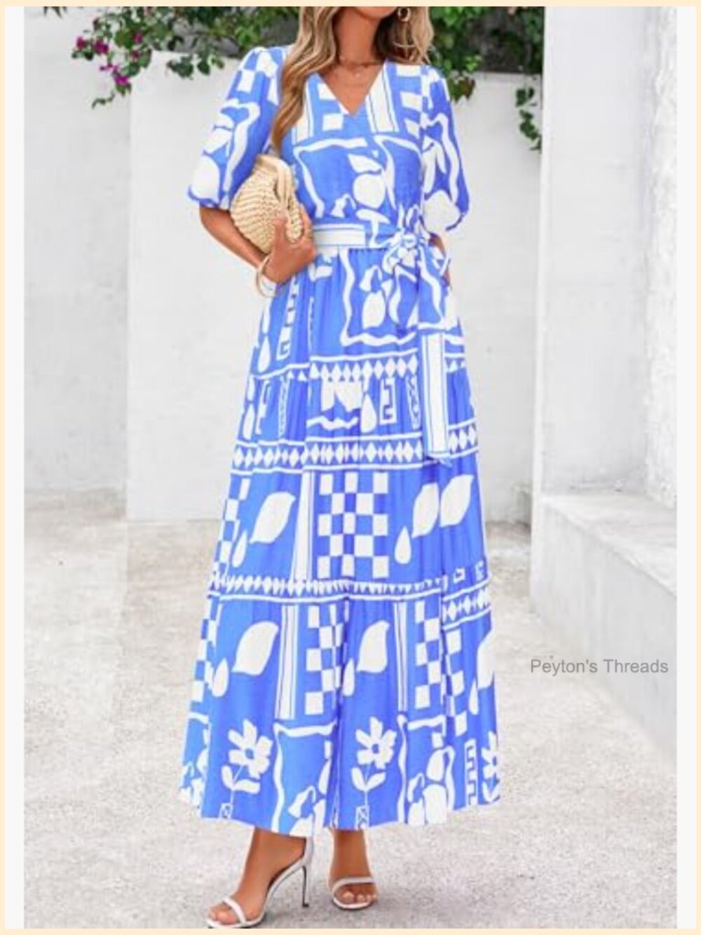 Women's Maxi Dress V Neck Puff Short Sleeve Flowy Beach Bohemian Resort Wear - Picture 3 of 7